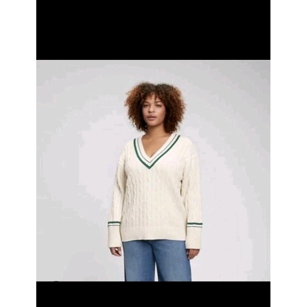 Gap Womens Cable Knit V-Neck Sweater Cream Green Striped Relaxed Fit Medium